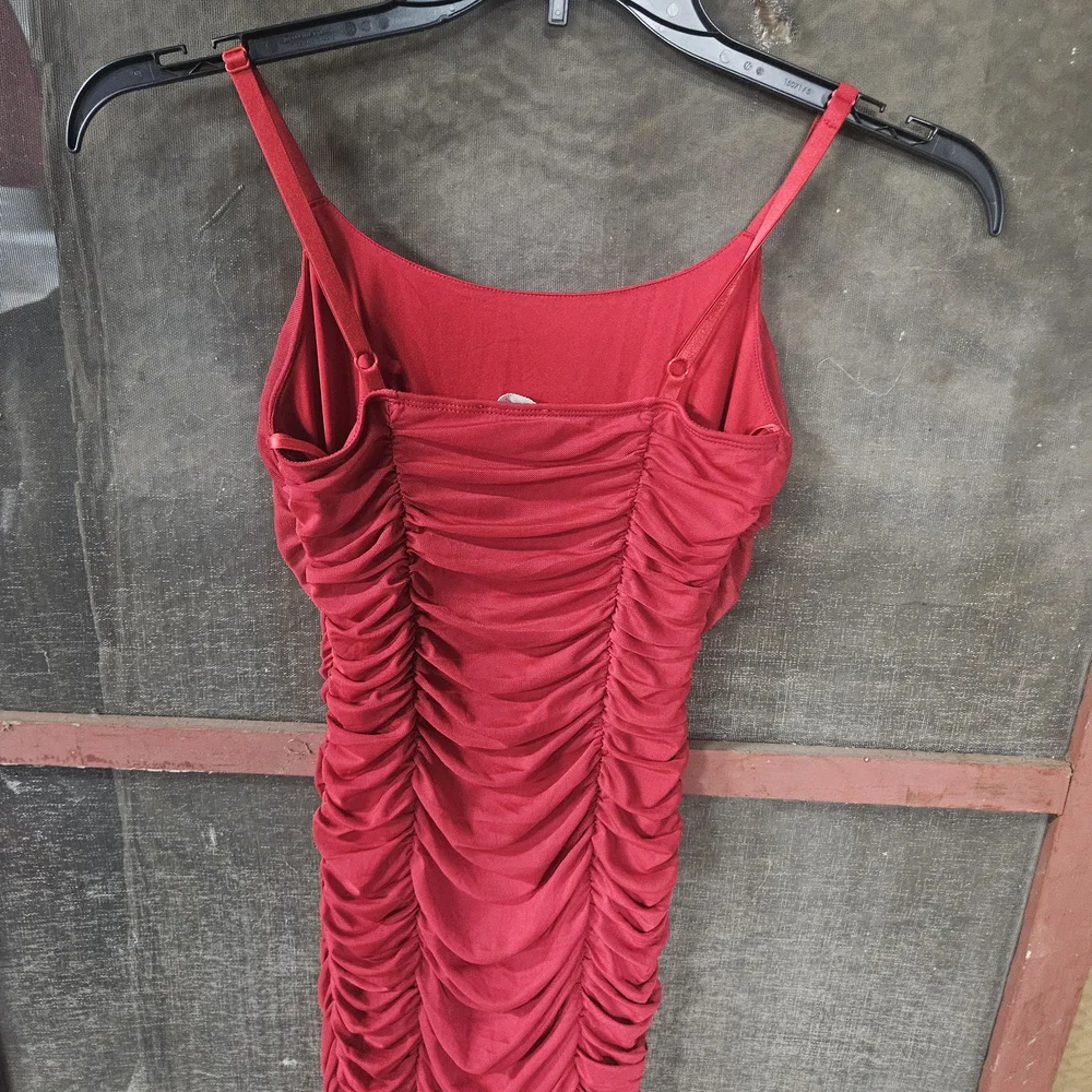 Chic Scarlet Ruched Mini Dress - Picture 2 of 3